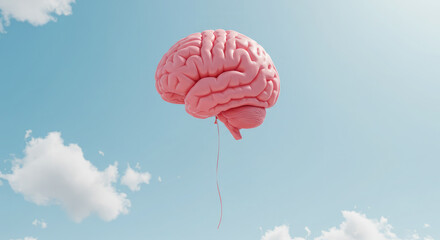 Imagination and Freedom: Human Brain Balloon Slowly Rising Above the Clouds.
