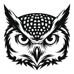 Elegant owl head design with intricate details in black and white, perfect for logos, branding, and artistic projects conveying wisdom and mystery