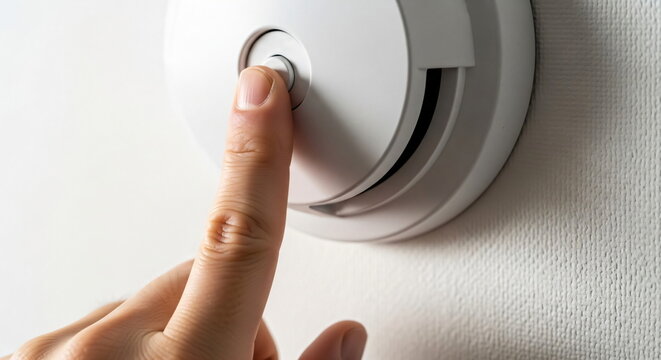 Man testing a smoke detector on the ceiling by pressing a button. Home safety and fire protection concept footage.	
