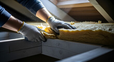 A person's hands install mineral fiber insulation on the attic roof of a house in a video of the old building structure.	

