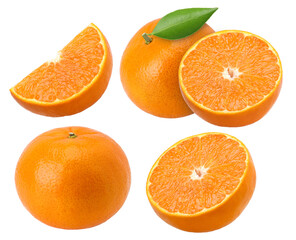 Orange fruit with leaves (Mandarin orange), slices and half isolated, transparent PNG, collection, PNG format, cut out