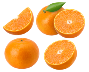 Orange fruit with leaves (Mandarin orange), slices and half isolated, transparent PNG, collection, PNG format, cut out