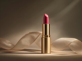 Elegant pink lipstick with gold casing and ribbon
