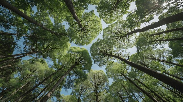 Perspective view of tall green trees against a blue sky and sunlight through the canopy on a bright day.