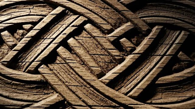 Intricate Celtic Knot Carving on Wood Surface Close-Up.