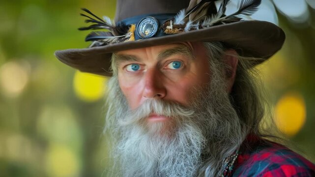 Mountain man wearing feathered hat and long gray beard stares intently