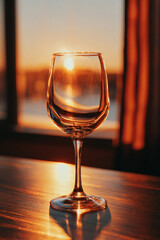 Obraz premium Empty wine glass reflecting bright sunset light, creating warm romantic atmosphere