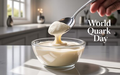 World quark day celebration with a spoonful of creamy quark being scooped from a bowl