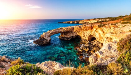 Dramatic coastal archway at sunset