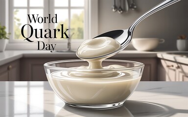 World quark day celebration with creamy quark being scooped into a glass bowl