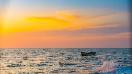 Small Boat Adrift on the Vast Ocean During a Beautiful Golden Sunset