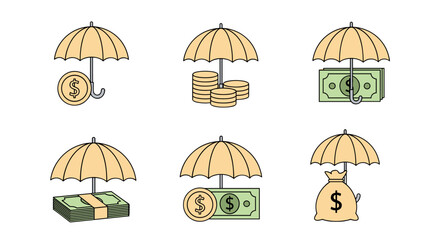 Set of six isolated vector cartoon illustrations depicting money under umbrellas, symbolizing financial protection and security. Includes coins, stacks of bills, and a money bag, all on a clean white