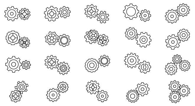 Collection of outline gear and cogwheel illustrations, representing mechanisms and industry. These editable stroke vector graphics are perfect for infographics, articles, books, flyers, and banners