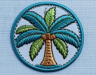 Embroidered palm tree on light blue fabric