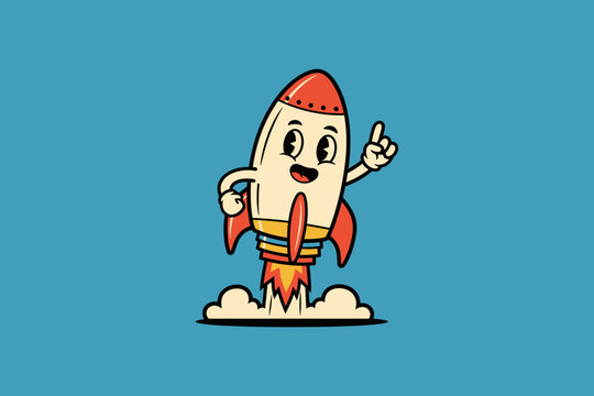 Happy Cartoon Rocket Character Launching with a Bright Idea.
