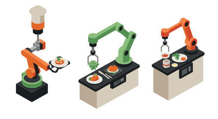 Isometric robotic arms preparing delicious meals in a modern kitchen setup