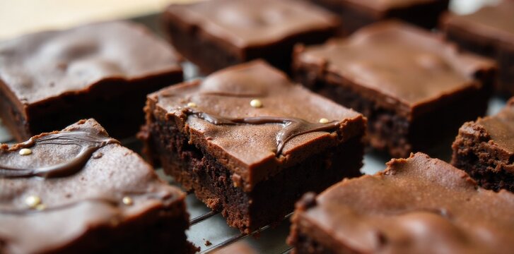 Melted Chocolate Drizzle Over Unfrosted Brownie Squares A top down view of several unfrosted, fudgy brownie squares arranged on a cooling rack. Warm, melted dark chocolate is being drizzled from a
