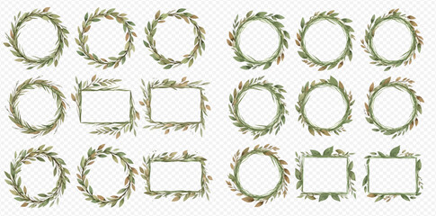 A collection of watercolor botanical wreaths and rectangular frames with green leaves and some red berries, on a transparent background. © studio