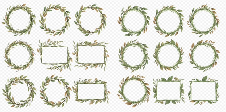 A collection of watercolor botanical wreaths and rectangular frames with green leaves and some red berries, on a transparent background.