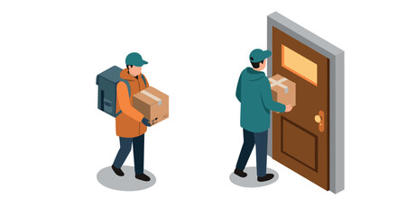 Isometric delivery service couriers in action delivering packages to doorsteps with ease