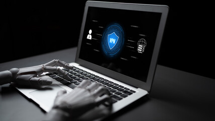 Fototapeta premium AI improves VPN by monitoring traffic, detecting risks, encrypting sessions, and optimizing routing to ensure private, secure, and efficient network access. Latch