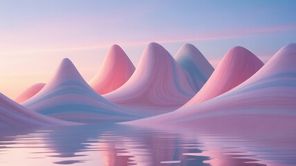 Surreal Candy Mountains Reflecting in a Calm Water Landscape at Dawn