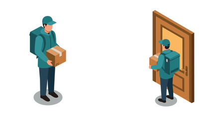 Obraz premium Delivery service concept with courier delivering package to door in isometric style