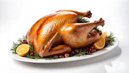 Roast Whole Chicken on White Plate Garnished with Lemon Slices and Herbs