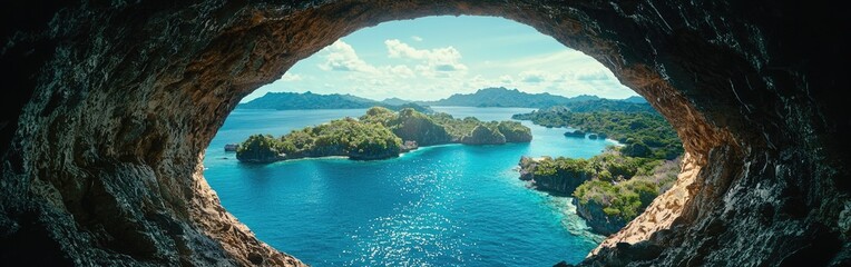 A stunning coastal view framed by rock formations with turquoise waters and lush greenery in the background.