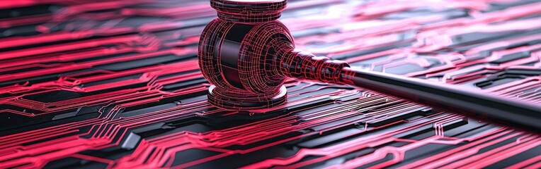 A digital justice concept featuring a gavel over a vibrant circuit board background, symbolizing the intersection of law and technology.