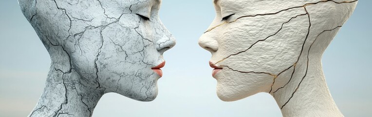 A striking image of two humanoid figures with cracked surfaces, symbolizing the contrast between fragility and resilience in artistry.