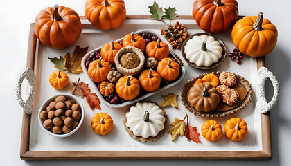 Autumn Thanksgiving Table Display Pumpkins Pies and Decor on Tray