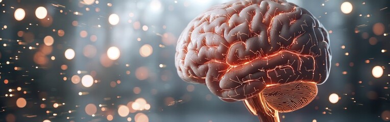 A stunning digital depiction of a brain illuminated with vibrant sparks and a blurred background creating a mesmerizing atmosphere.