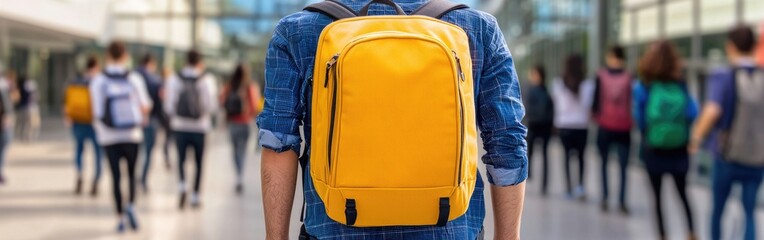 A young person wearing a yellow backpack in a busy indoor setting filled with other individuals walking in the background.