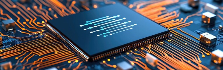 An intricate close-up of a microchip displaying advanced circuitry and connections in a high-tech environment.