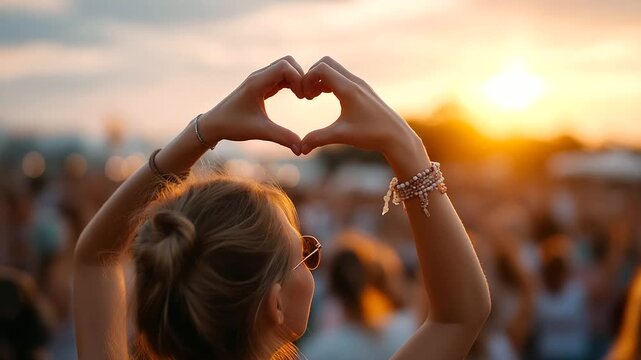 Cheering youth at a sunset beach fest with heart hands, festive gatherings on coastal shores, joyful moments in music joy, celebration vibes with sunset glow, event highlights in f