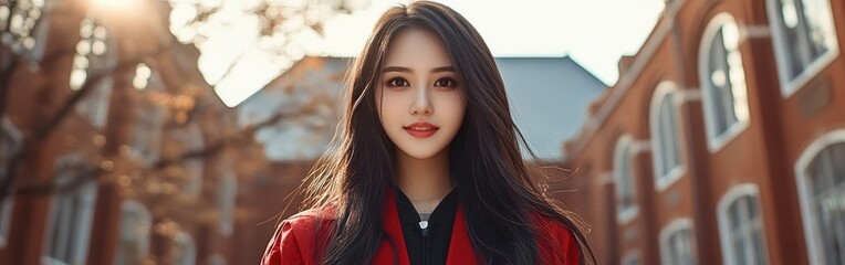 A captivating portrait of a young woman with long hair in a stylish red outfit against a beautiful architectural backdrop.