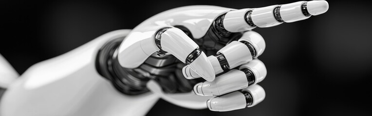 A futuristic robotic hand pointing decisively toward an unknown destination, representing innovation and artificial intelligence.