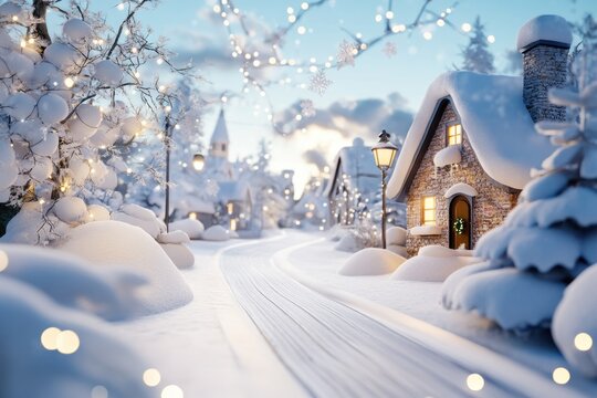 Charming winter wonderland village with snowy cottages and festive decorations - Powered by Adobe