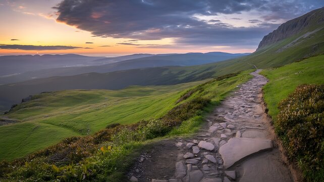 Scenic mountain landscape at sunset with a winding stone path and vibrant green hillside under a dramatic sky