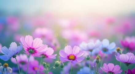 Soft focus field of pink and purple cosmos flowers in sunlight