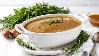 Warm Creamy Soup in White Ceramic Bowl with Fresh Herbs and Vegetables