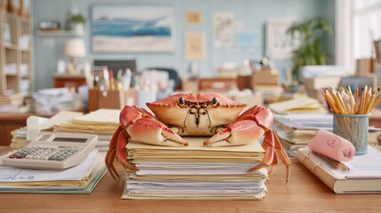 Crabby office worker overwhelmed with paperwork, a humorous take on workplace stress and deadlines that brings a smile to your face with a lighthearted feeling