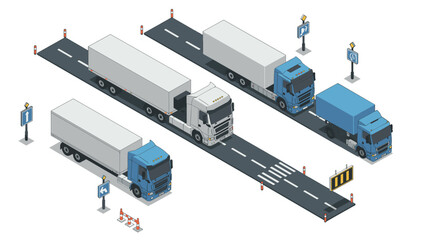Isometric trucks on road with traffic signs and barriers for logistics design
