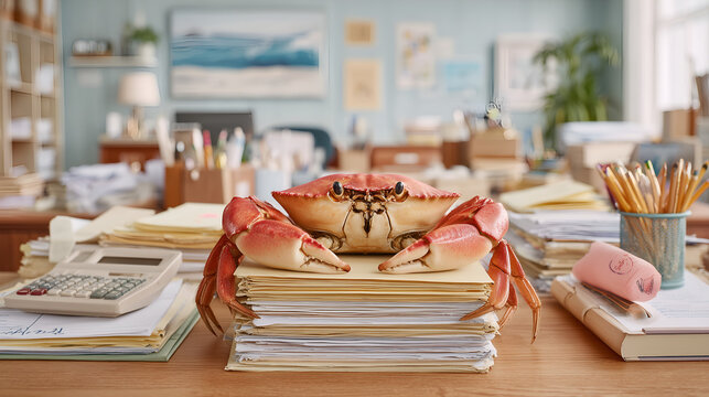 Crabby office worker overwhelmed with paperwork, a humorous take on workplace stress and deadlines that brings a smile to your face with a lighthearted feeling