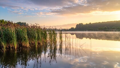 Fototapeta premium Peaceful Sunrise Over A Serene Lake With Reeds In The Foreground Reflecting The Golden Sky And Wisps Of Mist Rising From The Calm Water