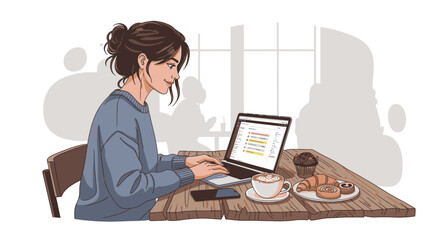 Illustration of a woman working on a laptop at a cafe table with coffee and pastries.