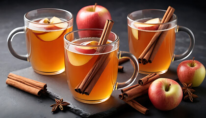 Hot Apple Cinnamon Tea in Clear Glass Mugs with Apples and Spices on Dark Slate Surface