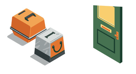 Isometric package delivery and door concept for ecommerce and logistics