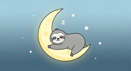 Naklejka premium A cute cartoon sloth sleeping peacefully on a crescent moon surrounded by stars